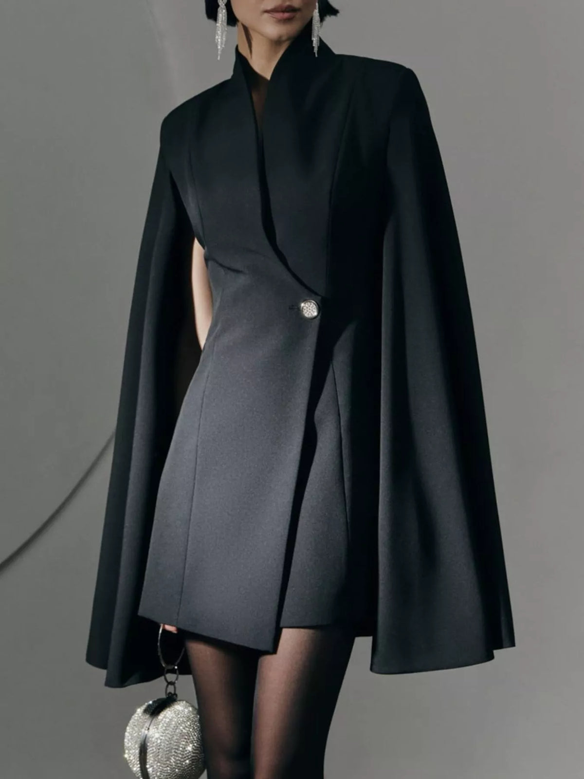 Cape Sleeve Shawl Collar One Button Mini Blazer Dress
