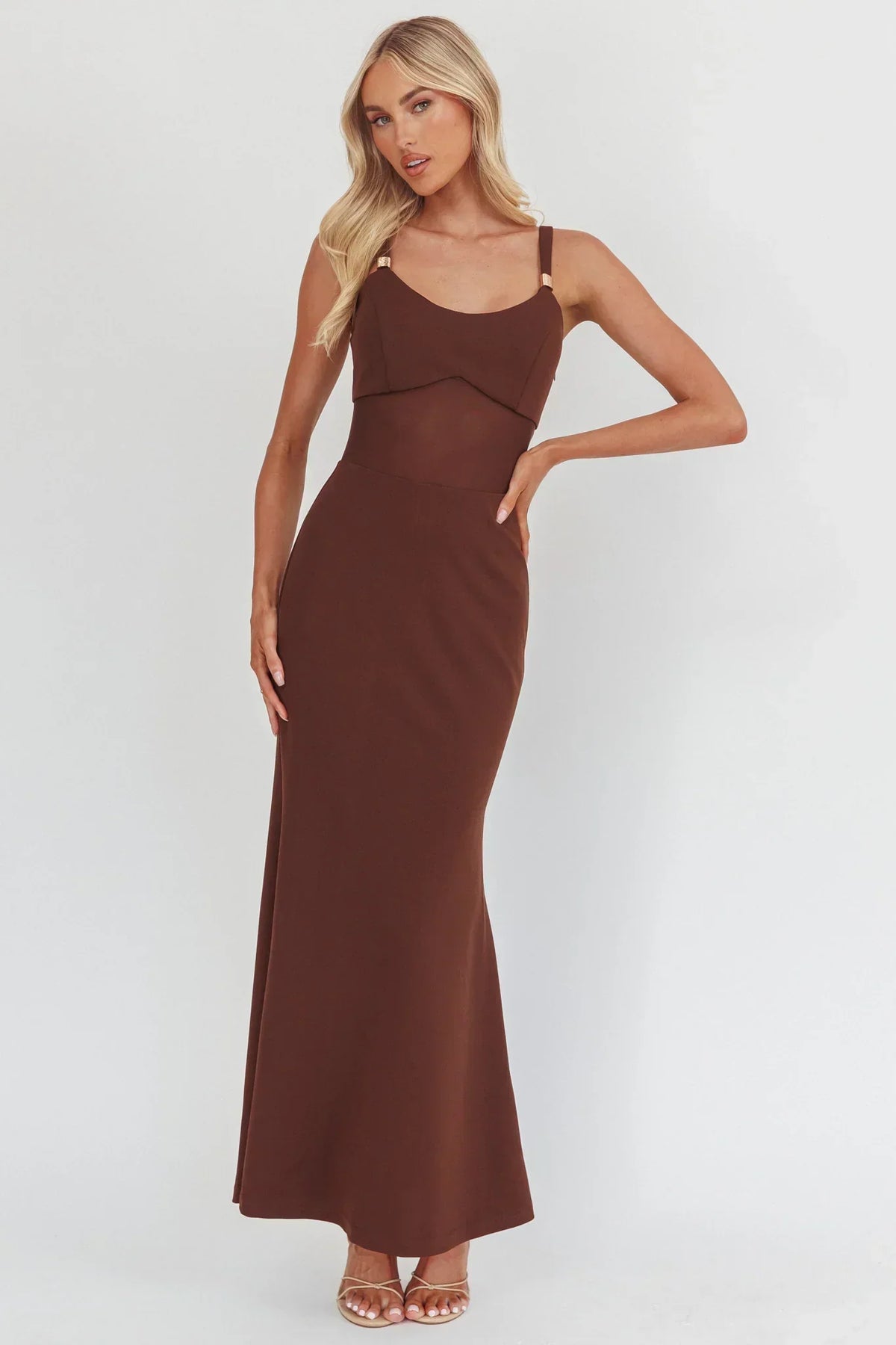 Scoop Neck Ring Strap Sheer Mesh Waist Mermaid Maxi Dress