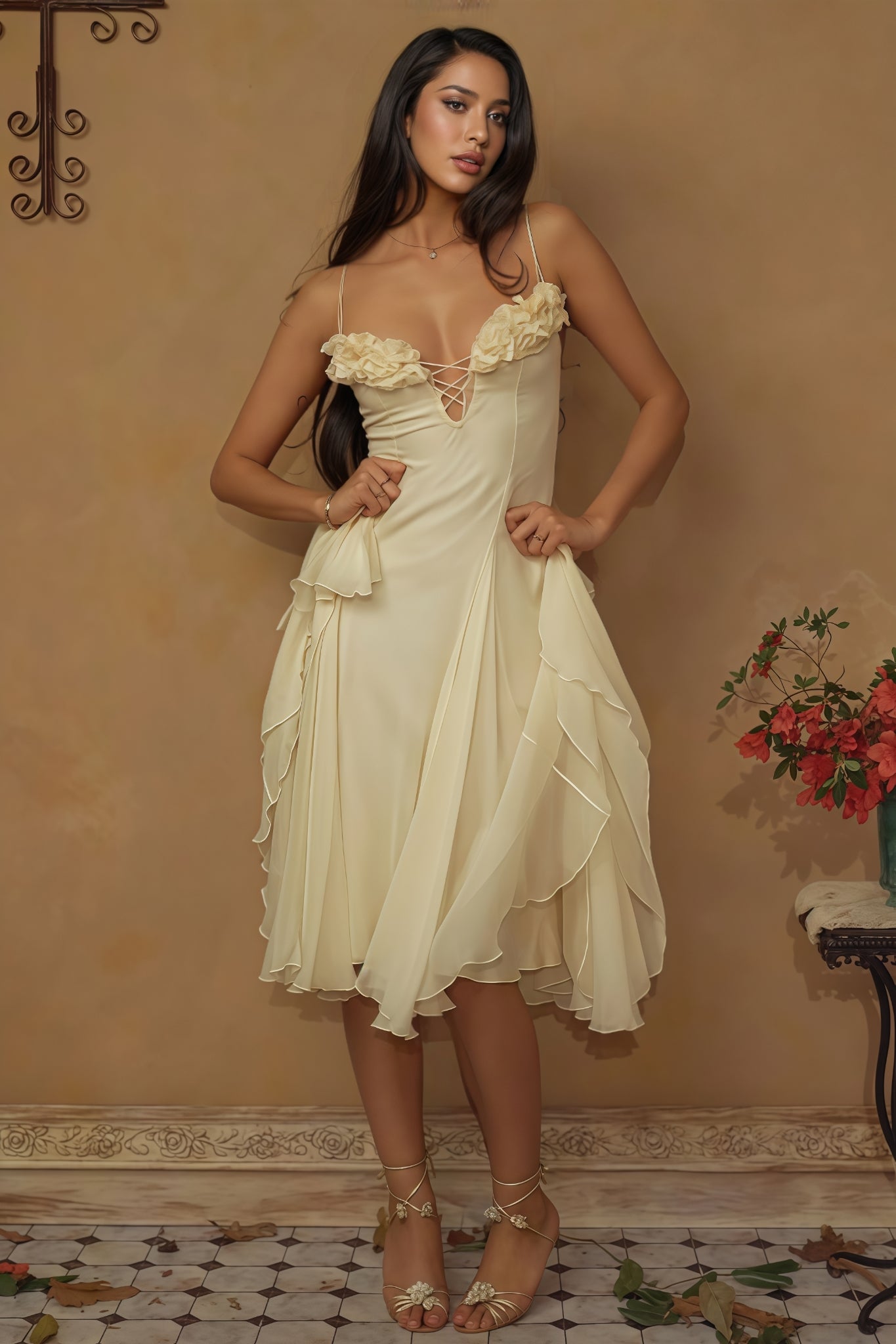 Thadt Yellow Strapless Mesh Midi Dress - View 2