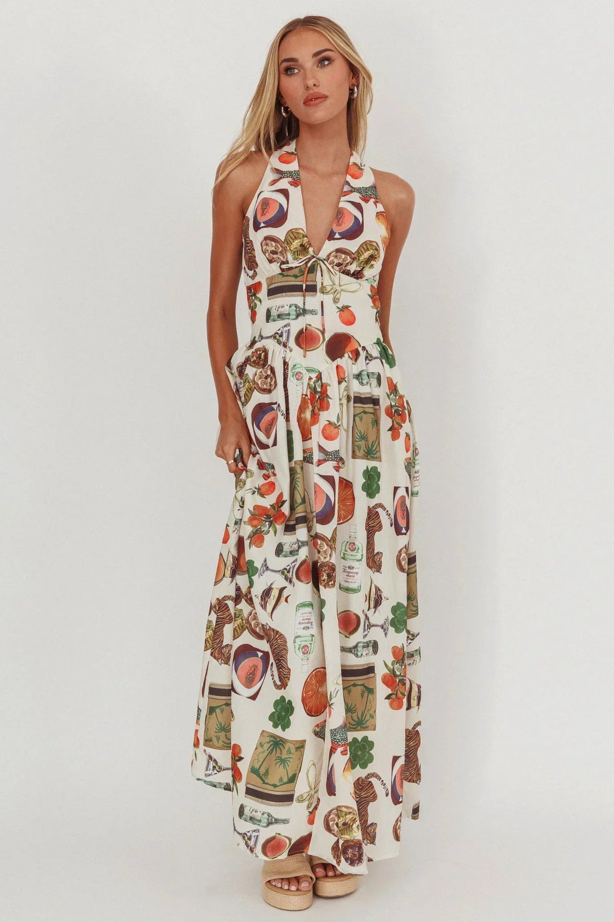 Clarette Basque Waist Open Back Maxi Dress Exotic Beige