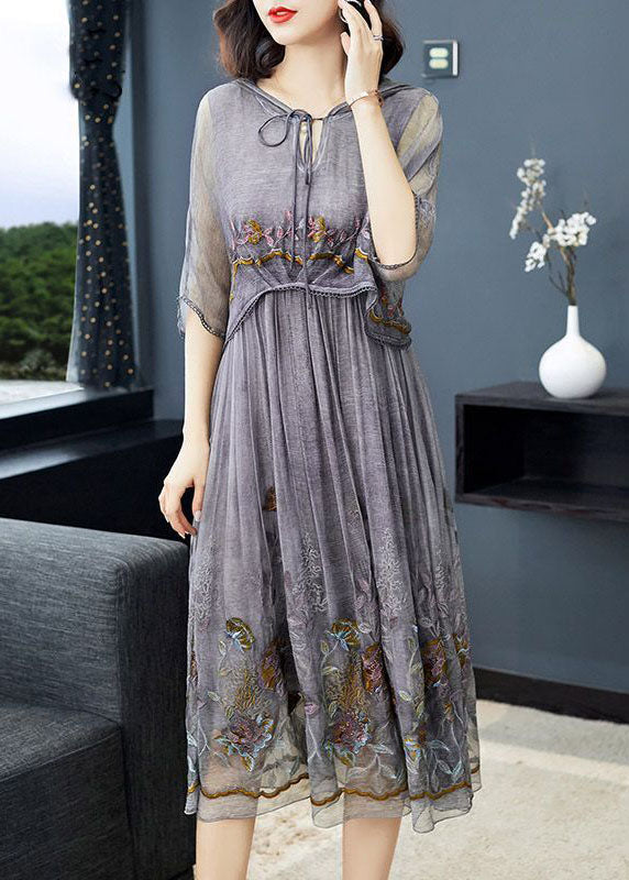 Hooded V-Neck Tie Front Short Flutter Sleeve Floral Embroidered Pleated Midi Dress