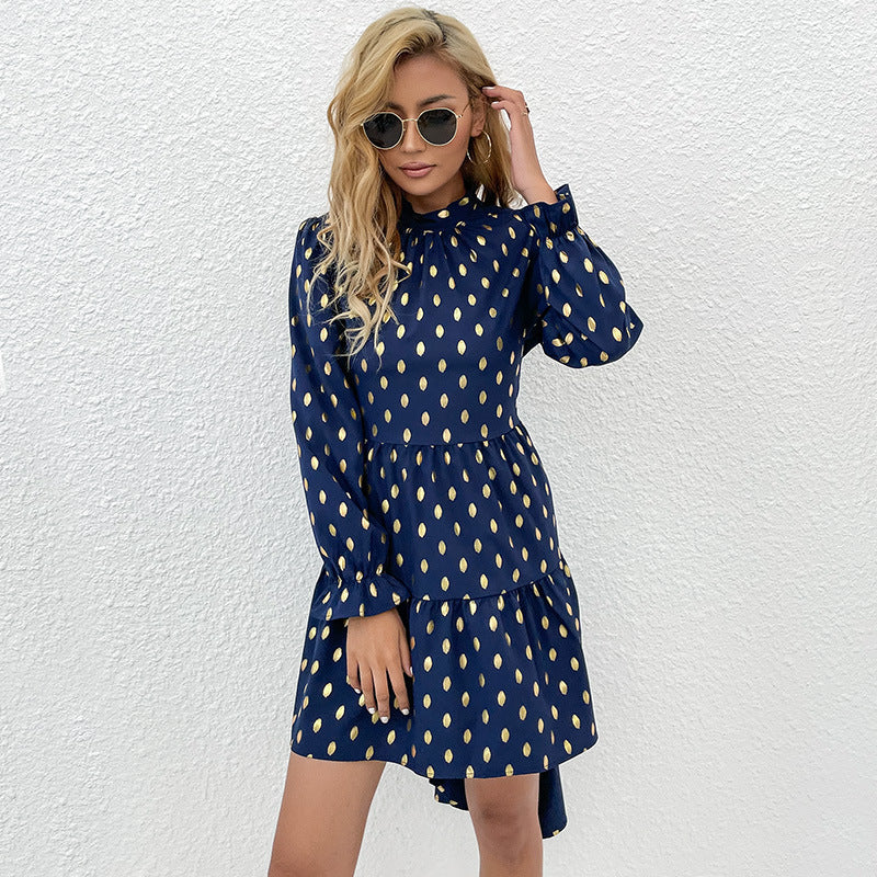 Mock Neck Long Sleeve Tiered High Low Metallic Polka Dot Babydoll Dress