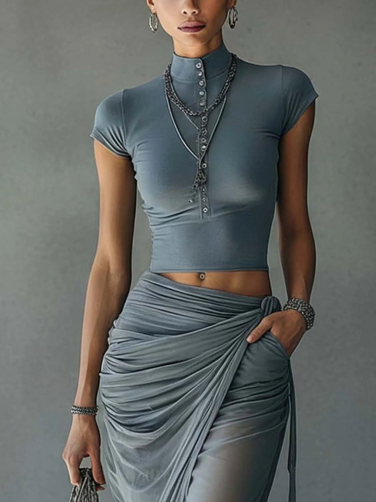 Mock Neck Crop Top and Ruched Mesh Maxi Skirt Two Piece Set