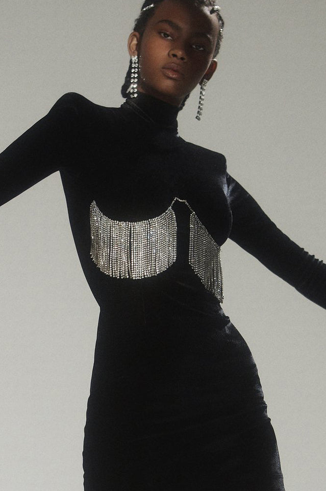 Velvet Mock Neck Long Sleeve Rhinestone Fringe Bodycon Mini Dress 8