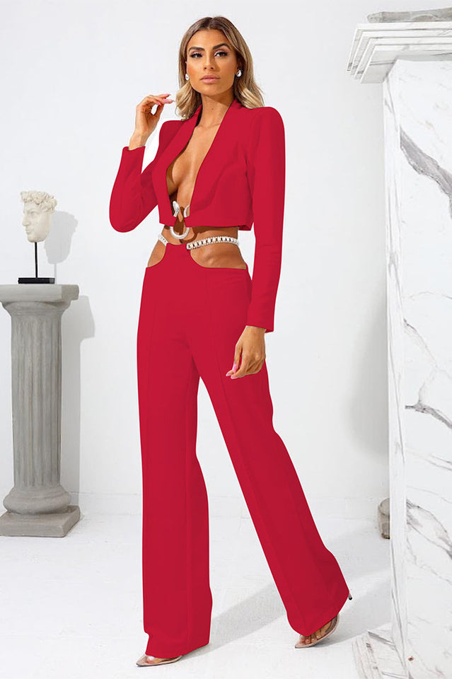 Long Sleeve Cropped Blazer Top and Chain Cut Out Wide Leg Pants Two Piece Set 4