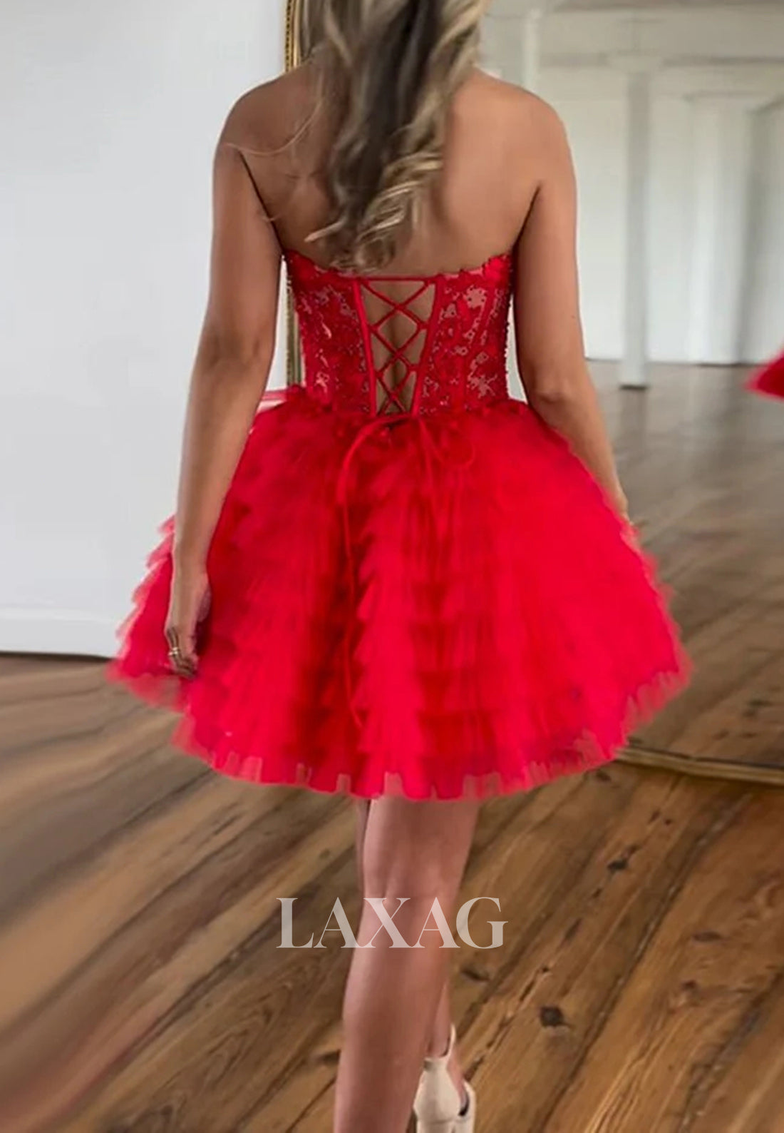 Sweetheart Off-Shoulder Applique Pleated Tulle Tiered Short Mermaid Homecoming Dress