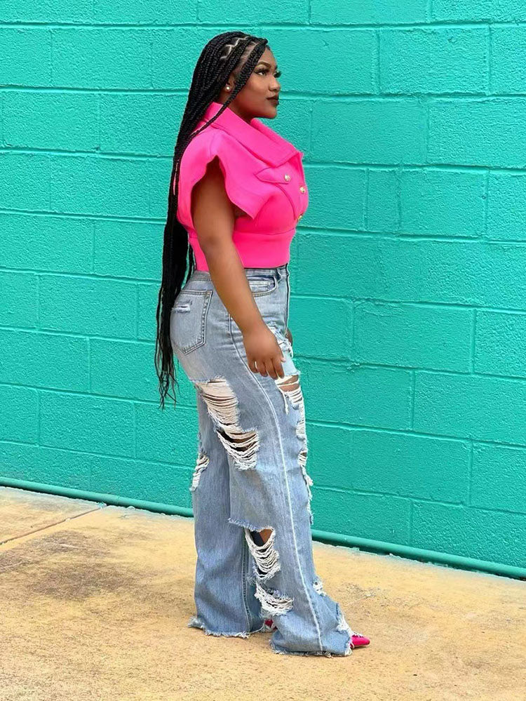 Ripped Distressed High Waist Raw Hem Wide Leg Jeans 6