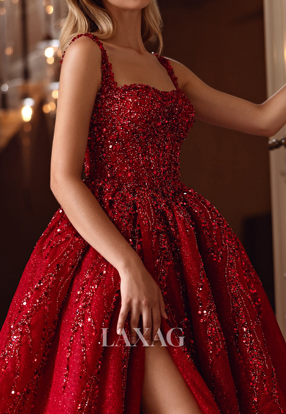 Sweetheart Spaghetti Straps Formal Gowns Sequined Beaded Glitter-Knit A-Line Evening Dress