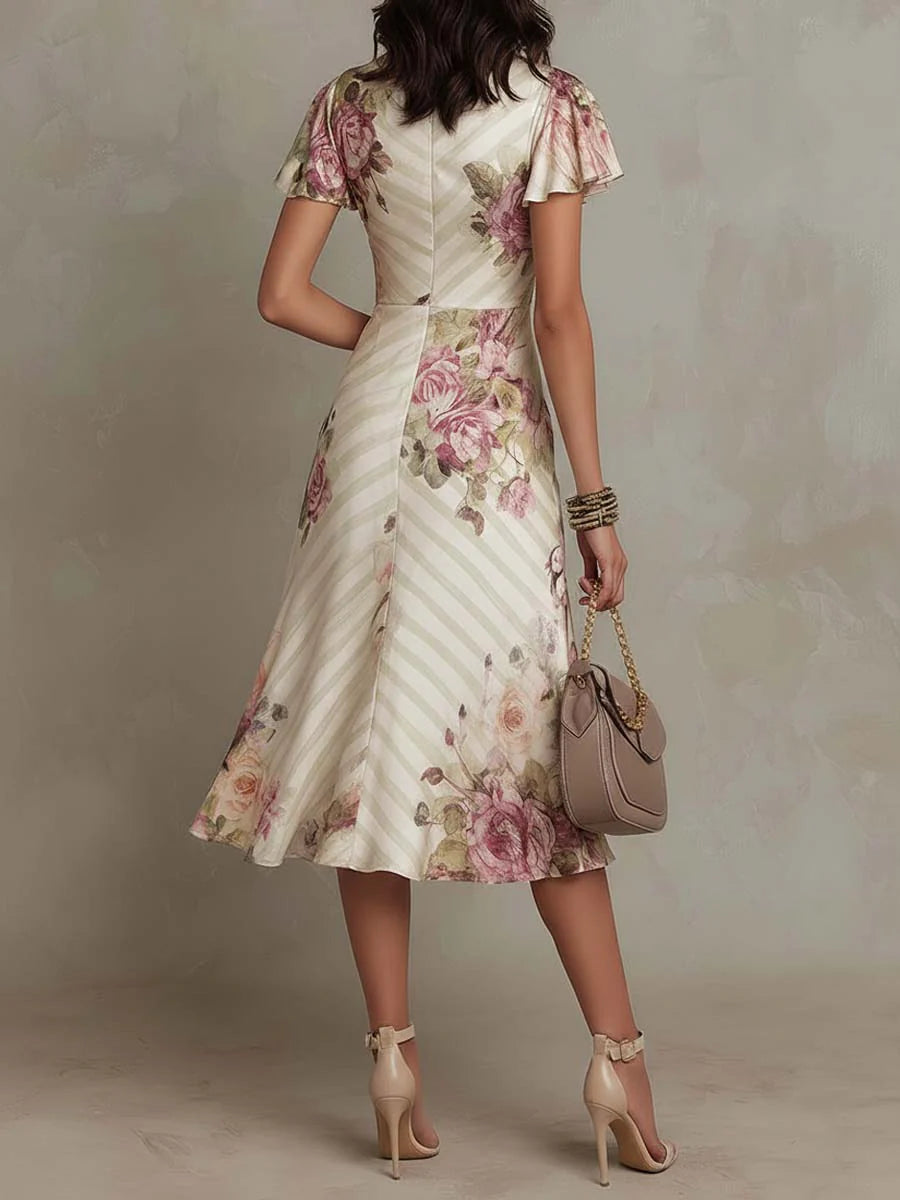 Floral V-Neck Flutter Sleeve Ruched Midi Dress 2