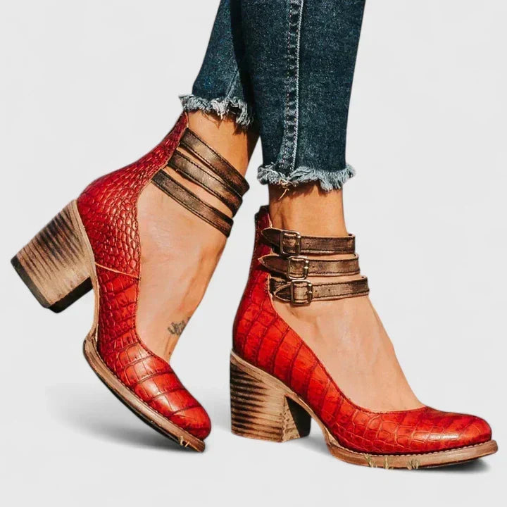 Round Toe Triple Buckle Ankle Strap Block Heel Pumps