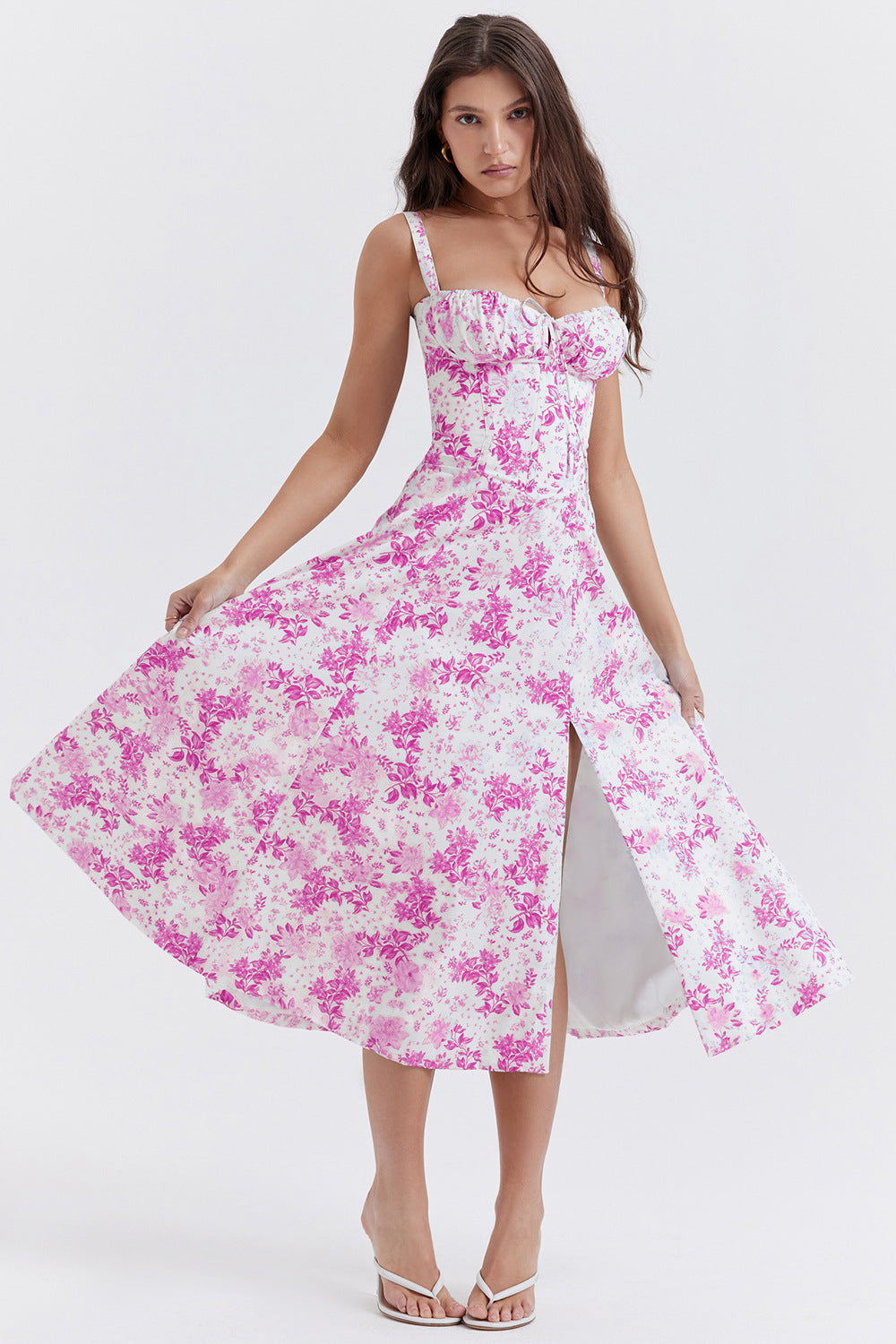 Floral Sweetheart Spaghetti Strap Corset Fit and Flare Midi Dress