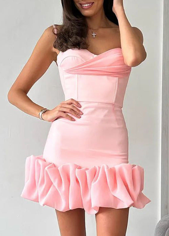 Spaghetti Strap Sweetheart Ruffle Hem Bodycon Mini Dress