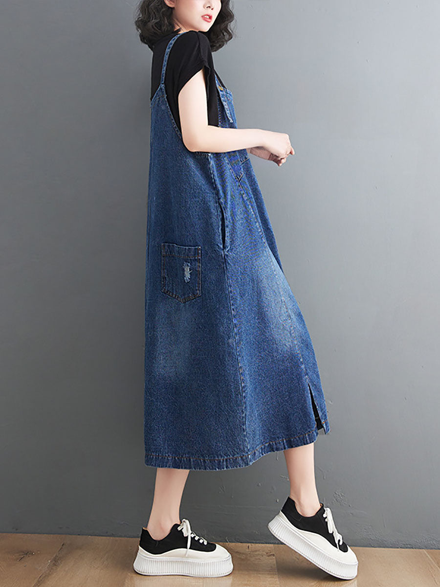 Women Summer Casual Washed Spliced Denim Overall Dress