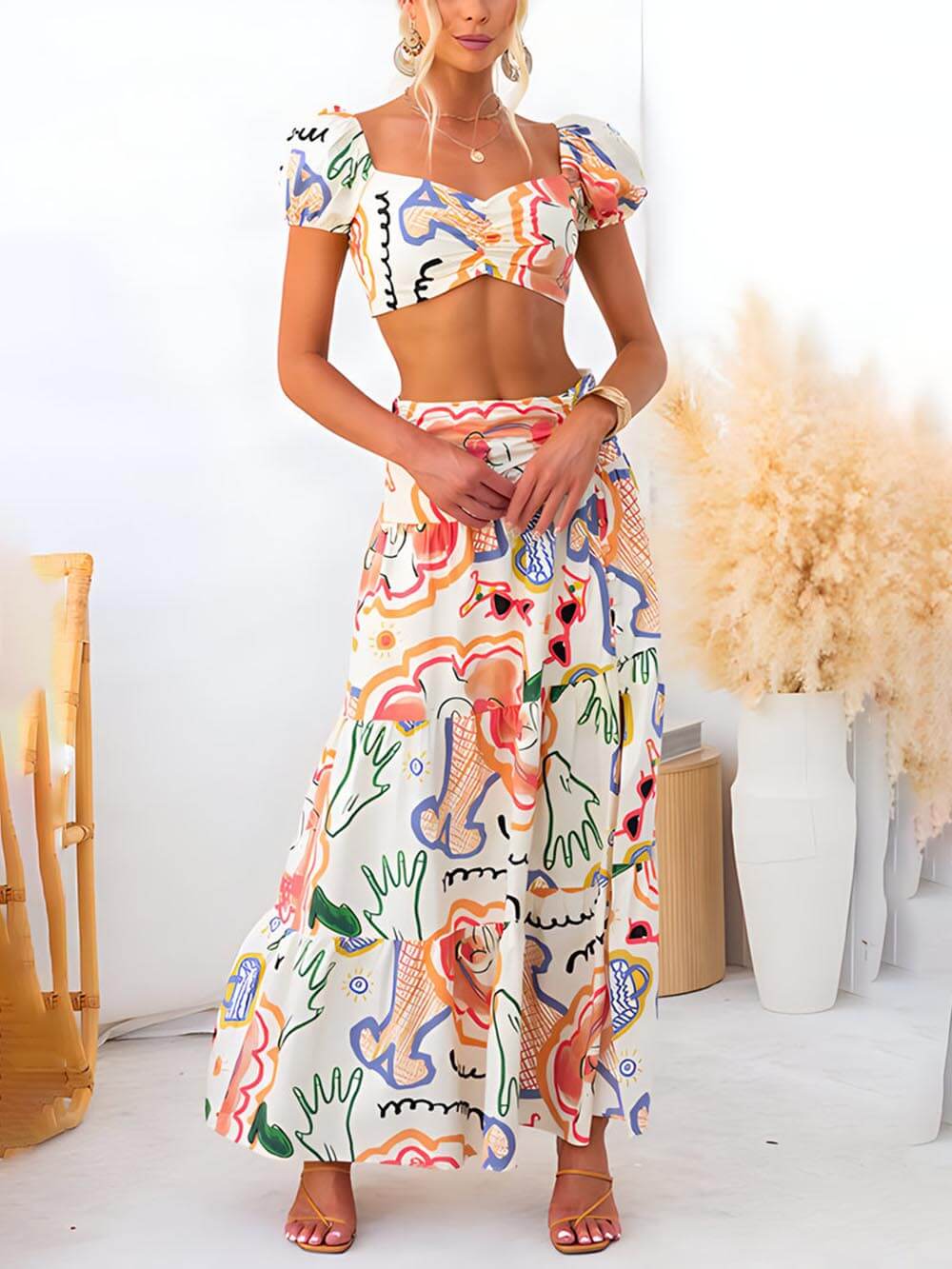 Printed Top And Graceful Wrap Skirt Two-Piece Suit
