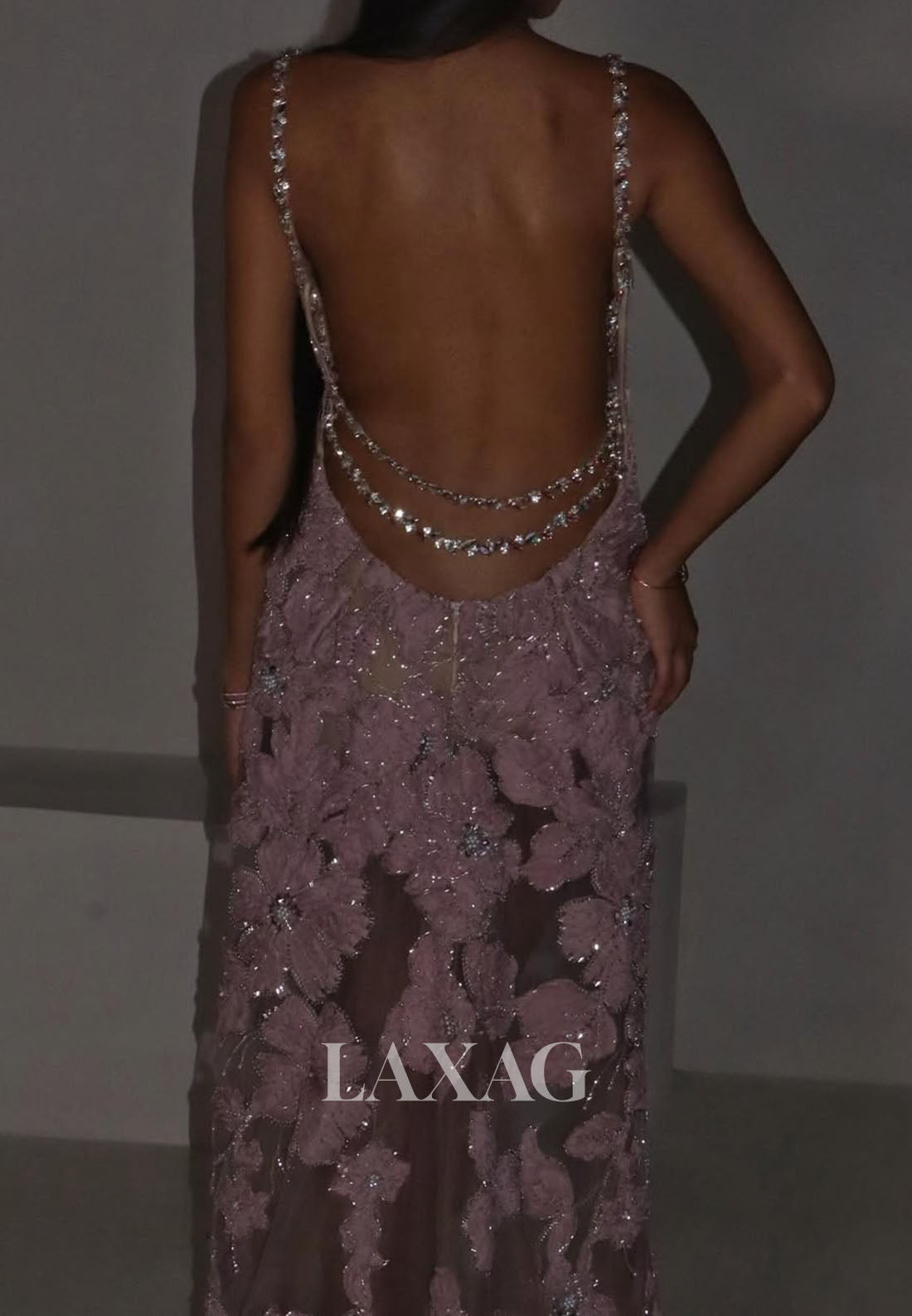 Deep V-Neck Spaghetti Straps Beaded Sequined Applique Tulle Sweep Train Mermaid Prom Dress