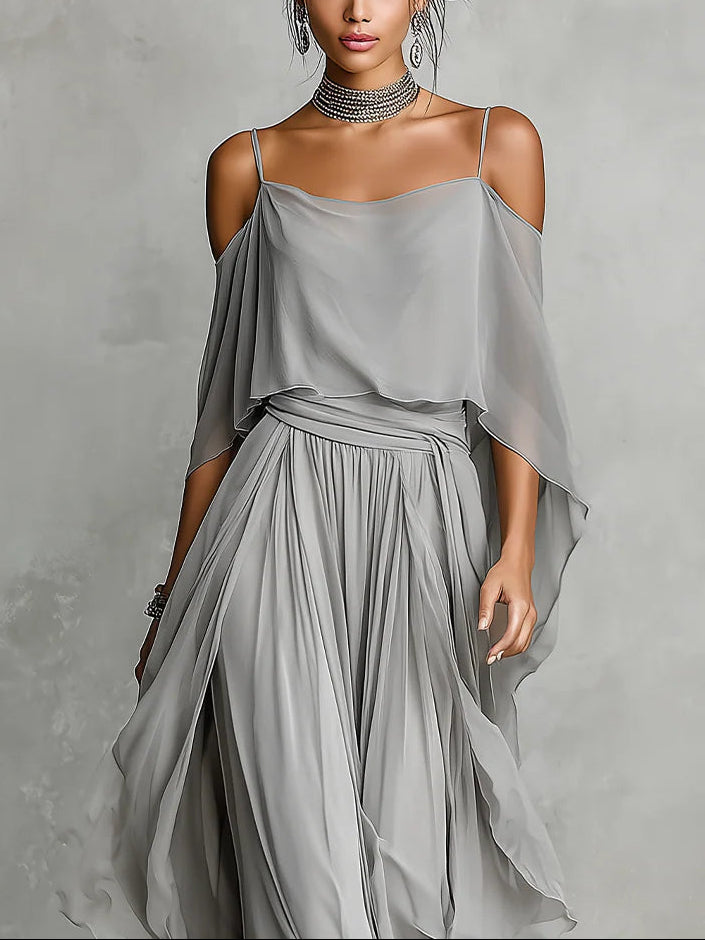 Cold Shoulder Draped Cami and Wide Leg Pants Chiffon Two Piece Set