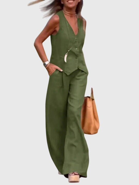 Sleeveless V-Neck Vest and Wide Leg Pants Two Piece Set