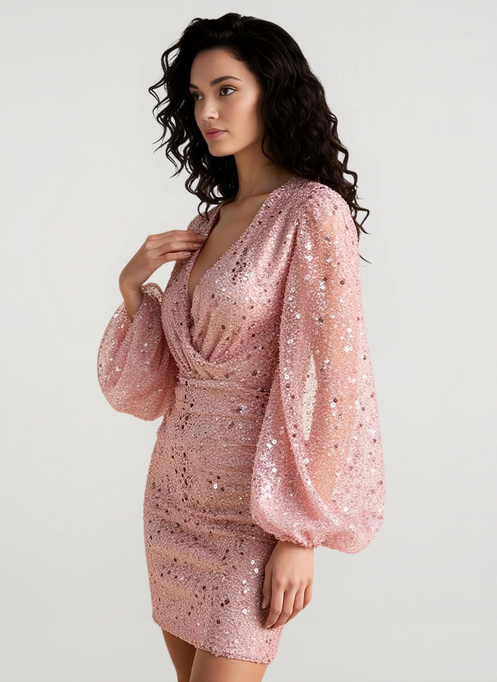 Deep V-Neck Bodycon Sequin Mini Dress