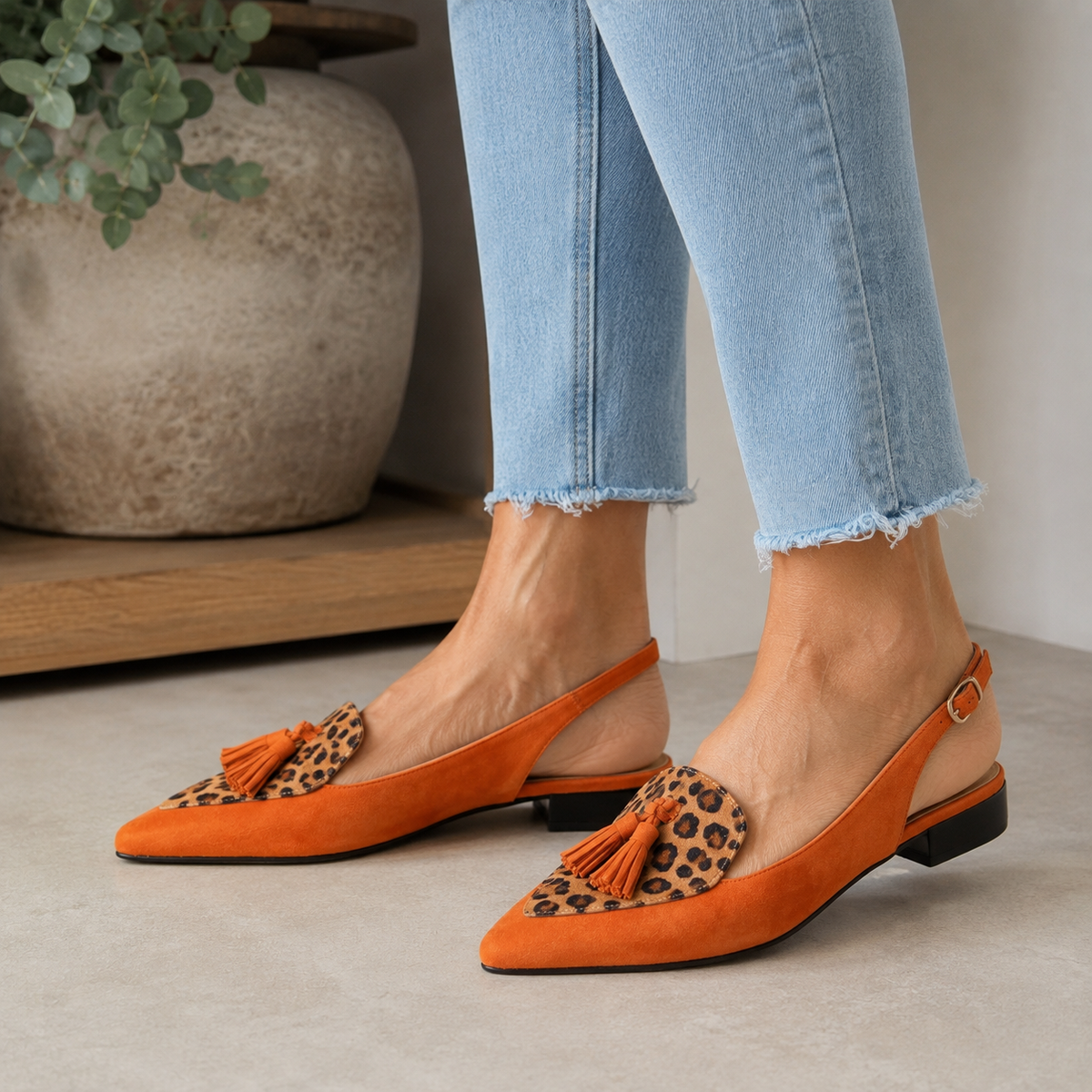 Pointed Toe Leopard Tassel Slingback Flats