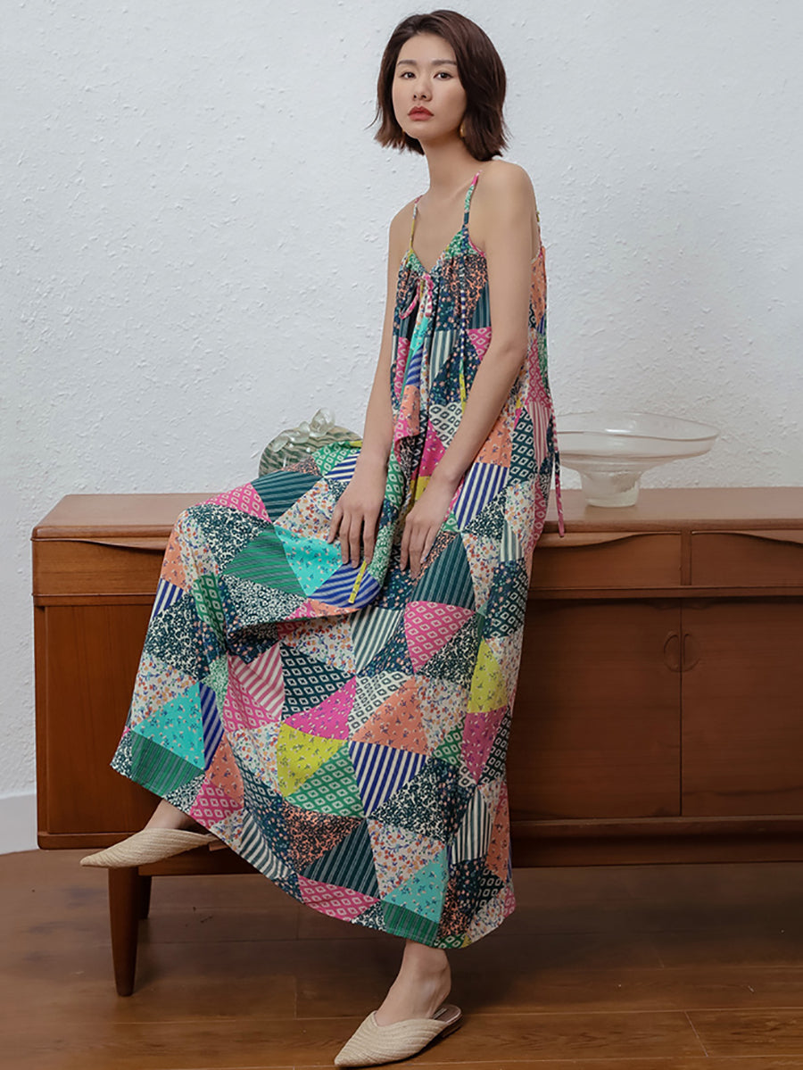 Spaghetti Strap V-Neck Patchwork Triangle Print Ruffle Flowy Maxi Dress