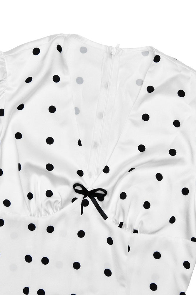 Polka Edition Dot VNeck Puff Sleeve Waist Tie Bodycon Maxi Dress