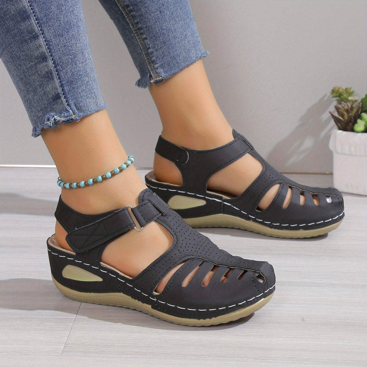 Closed Toe Cut Out Hook and Loop Wedge Sandals