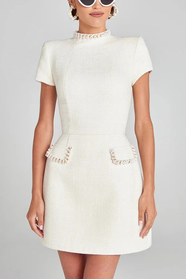 Pearl Trim Short Sleeve Tweed Boucle Mini Dress
