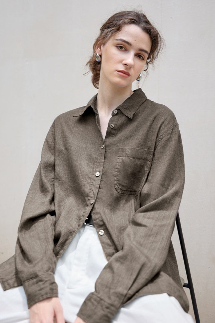Linen Look Collared Long Sleeve Chest Pocket Button Front Shirt 6