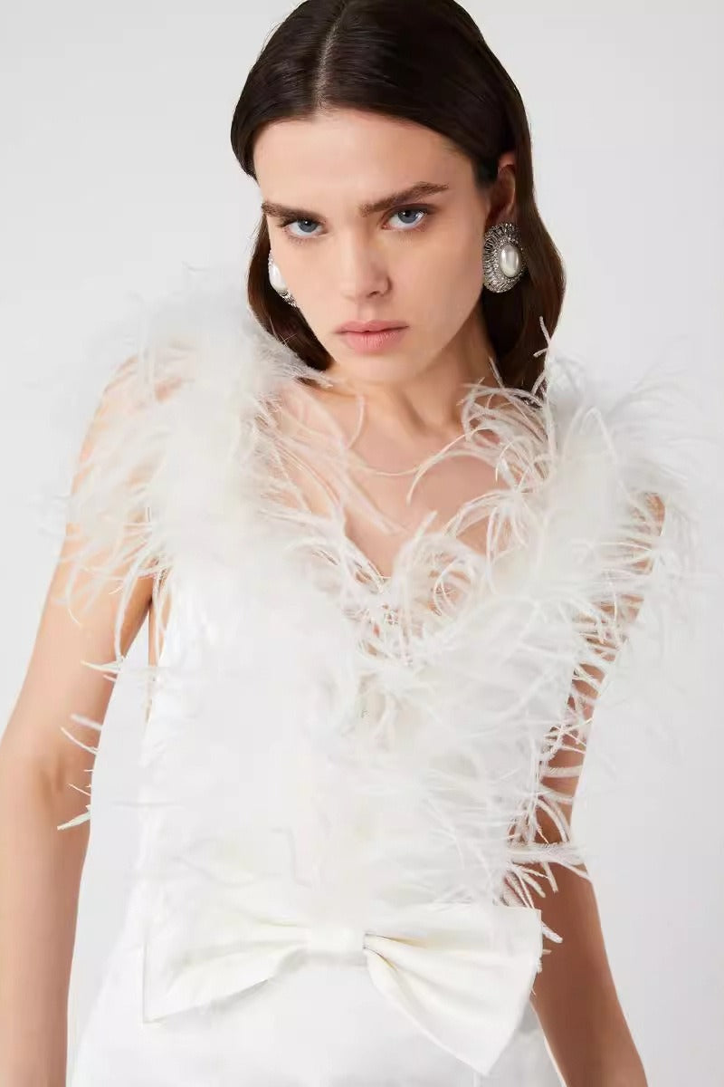 Ostrich Feather Trim Gown Prom Dress