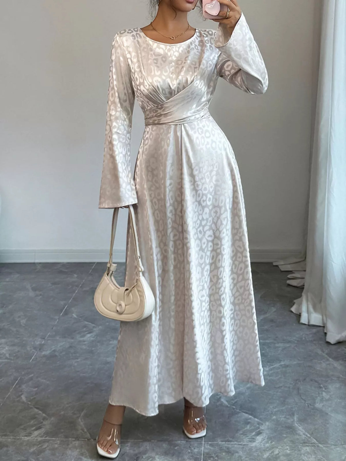 Leopard Satin Jacquard Crew Neck Long Sleeve Twist Front Maxi Dress 2