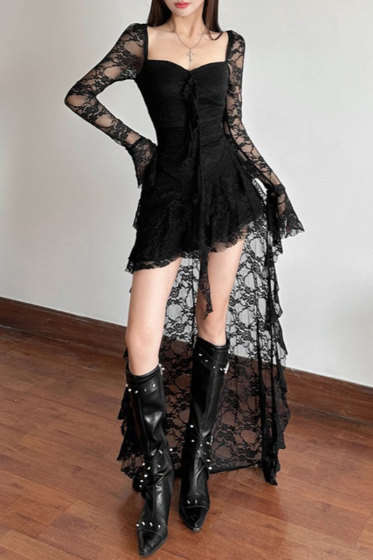 Lace Square Neck Bell Sleeve Tie Front High Low Ruffle Dress