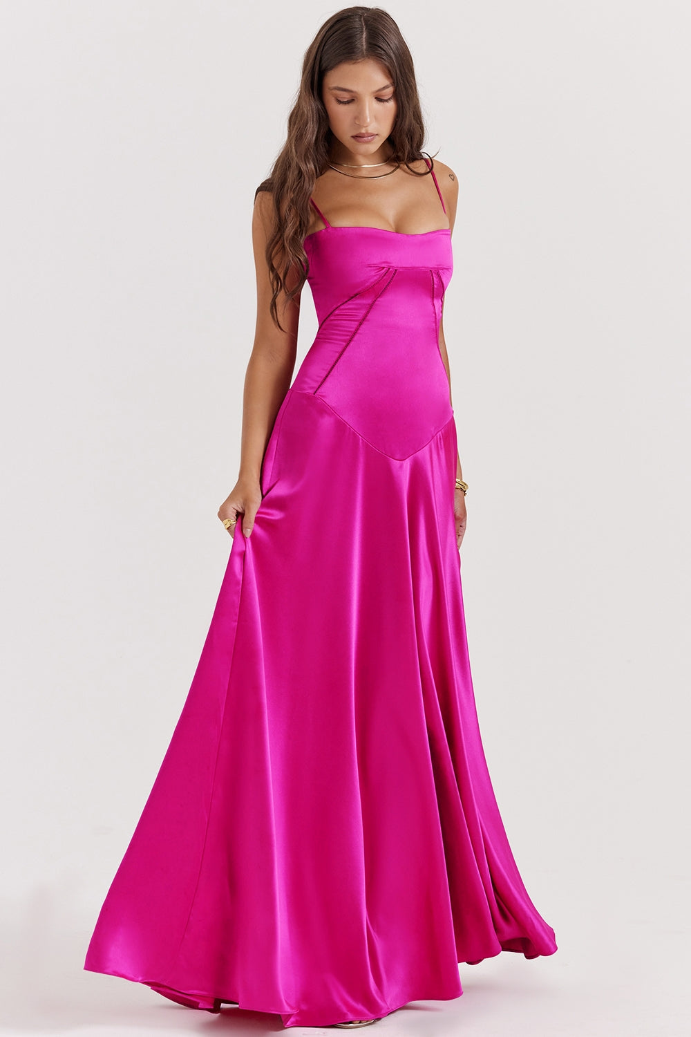 Satin Square Neck Corset Seam Spaghetti Strap Flowy Maxi Dress 3