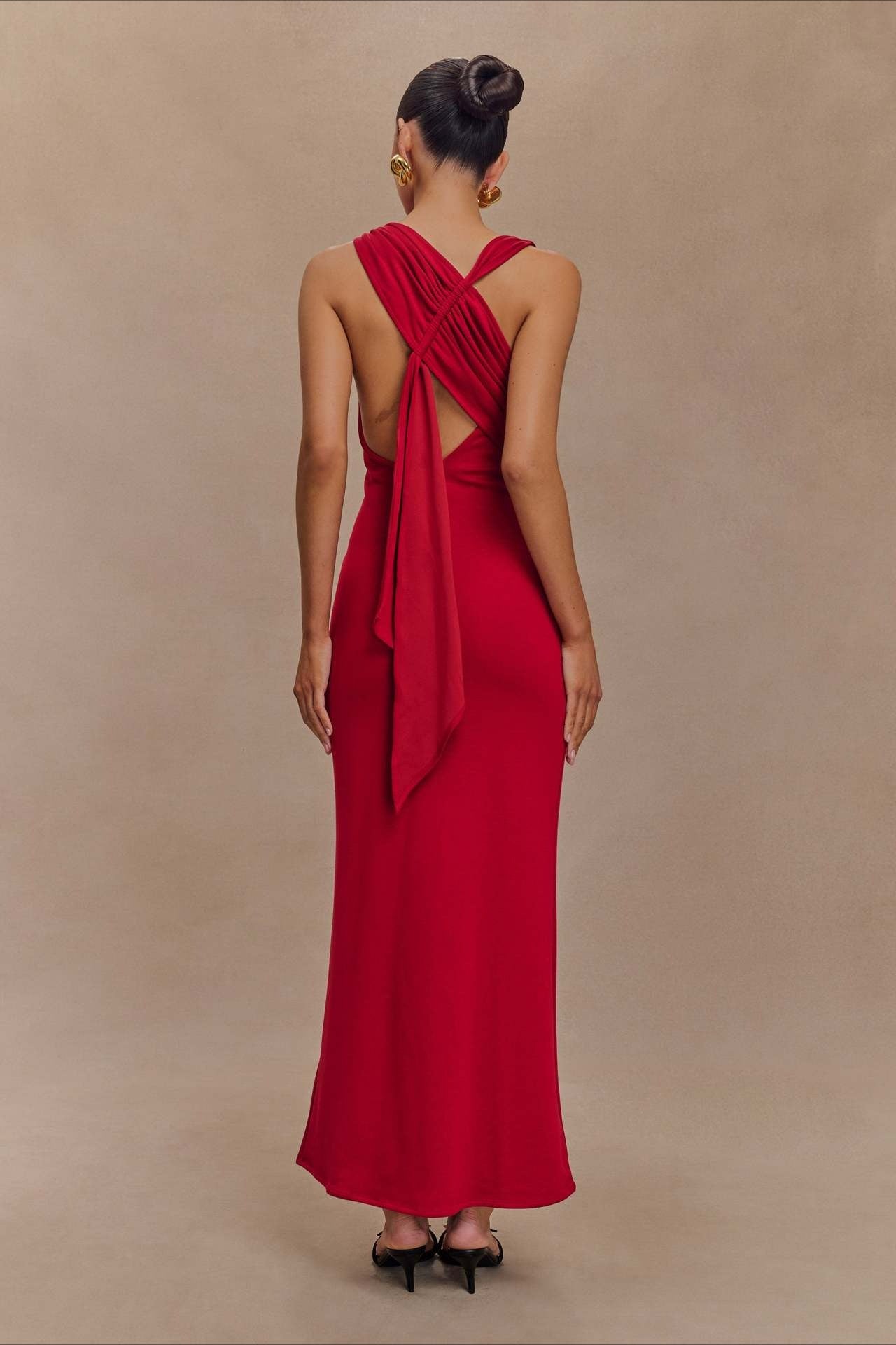 Cross-Tie Low-Back Maxi Party Dress