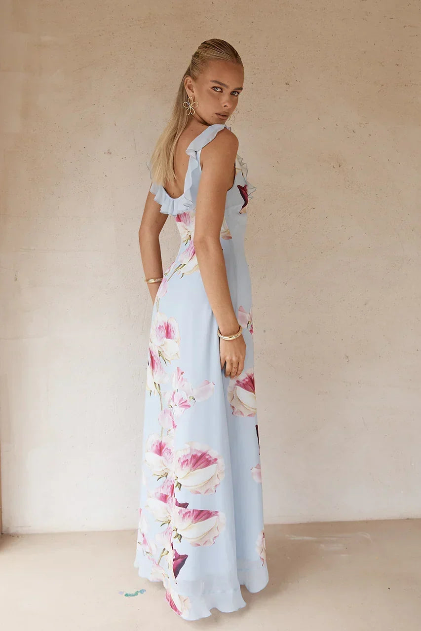 Floral Print Ruffle Scoop Neck Sleeveless High Split Maxi Dress 2