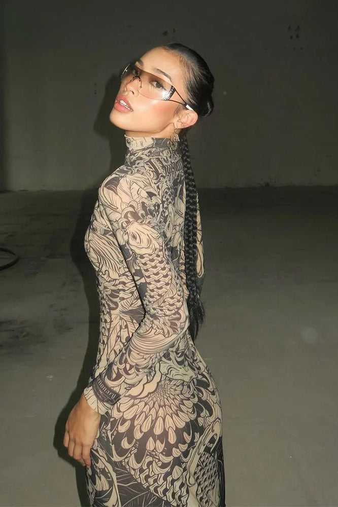 Weird Puss Mesh Print Maxi Dress