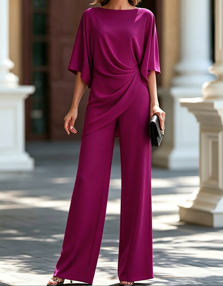 Boat Neck Batwing Sleeve Draped Wide Leg Jumpsuit