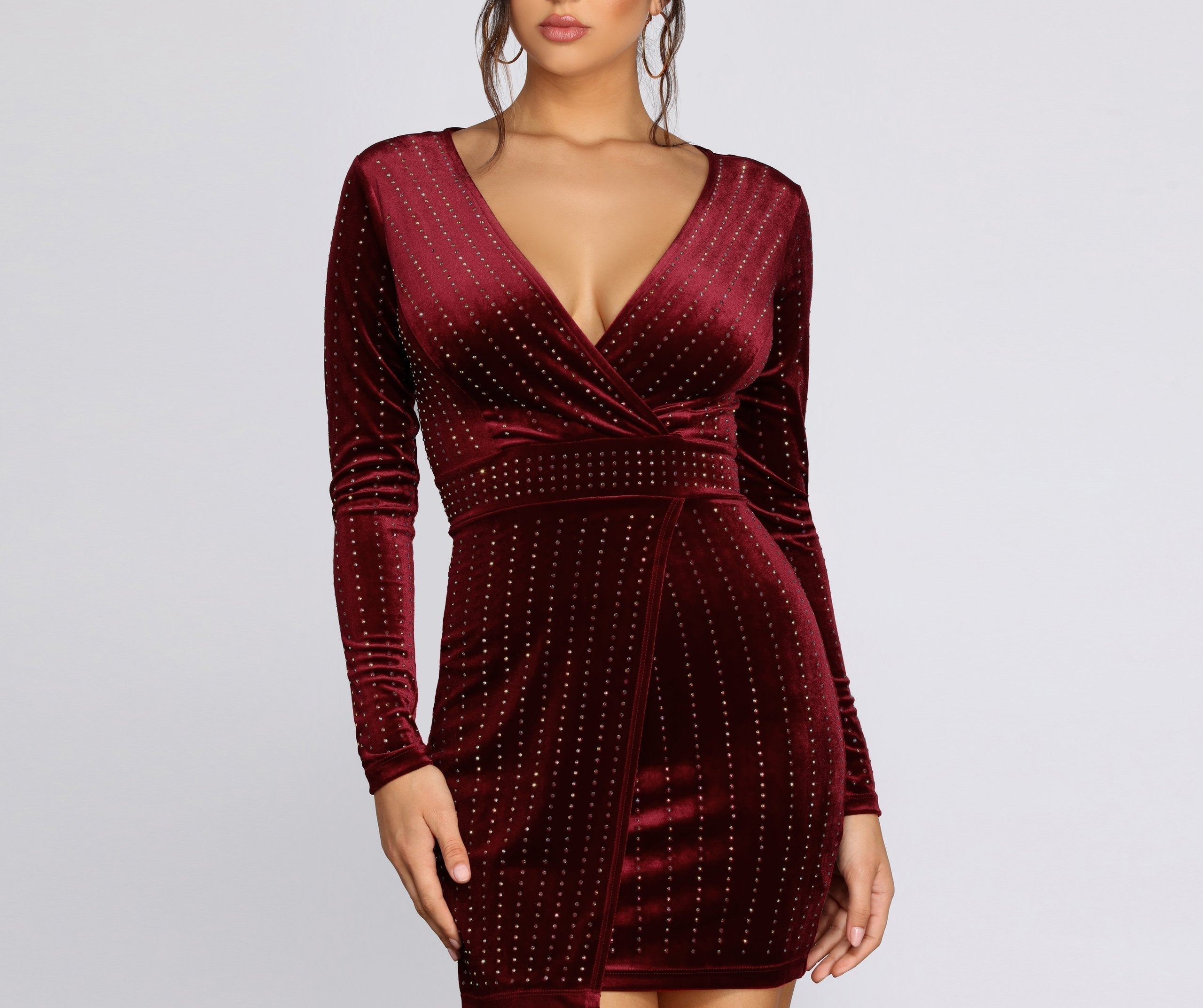 Velvet Deep V-Neck Long Sleeve Rhinestone Wrap Bodycon Mini Dress