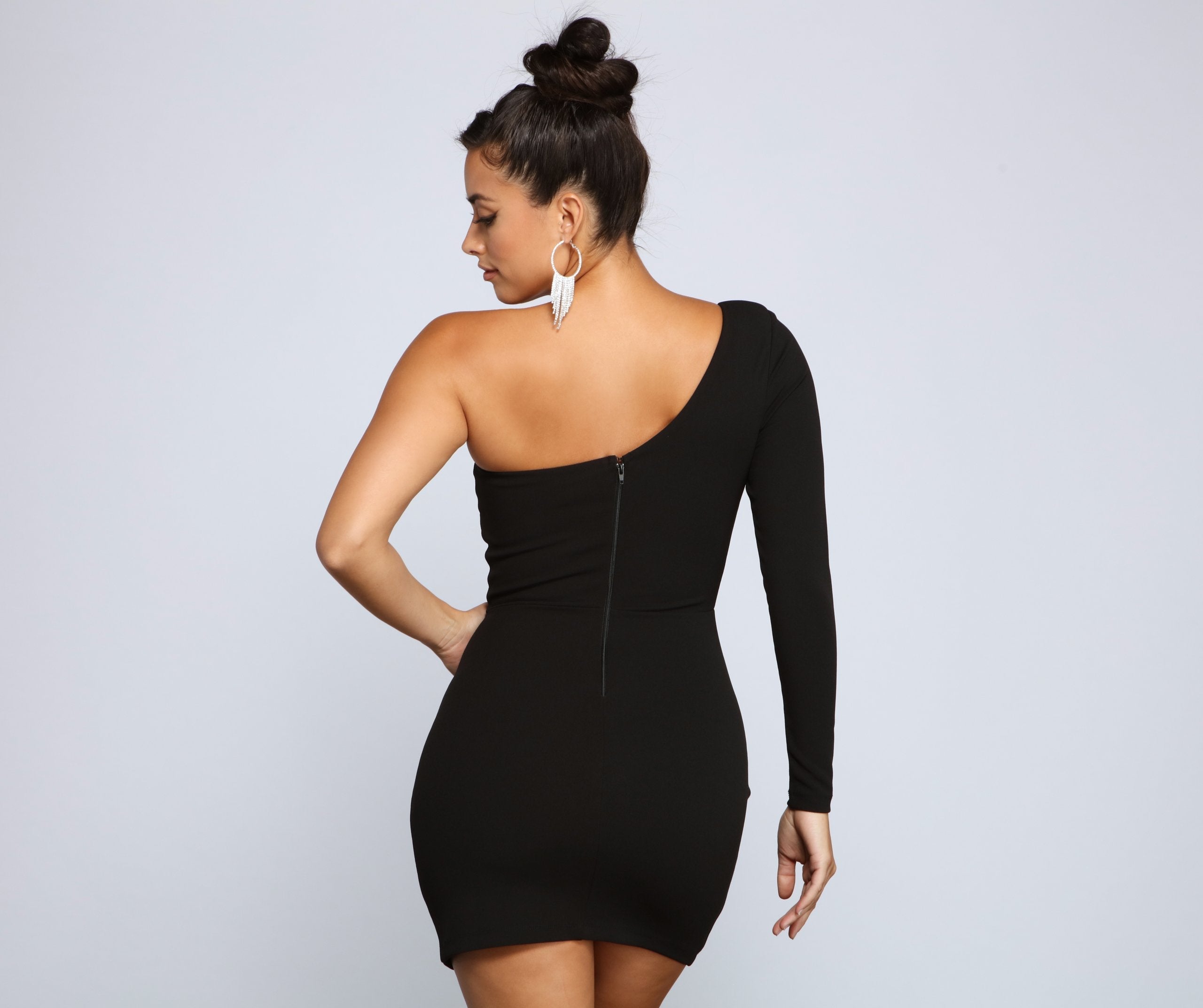 One Shoulder Long Sleeve Ruched High Split Bodycon Mini Dress