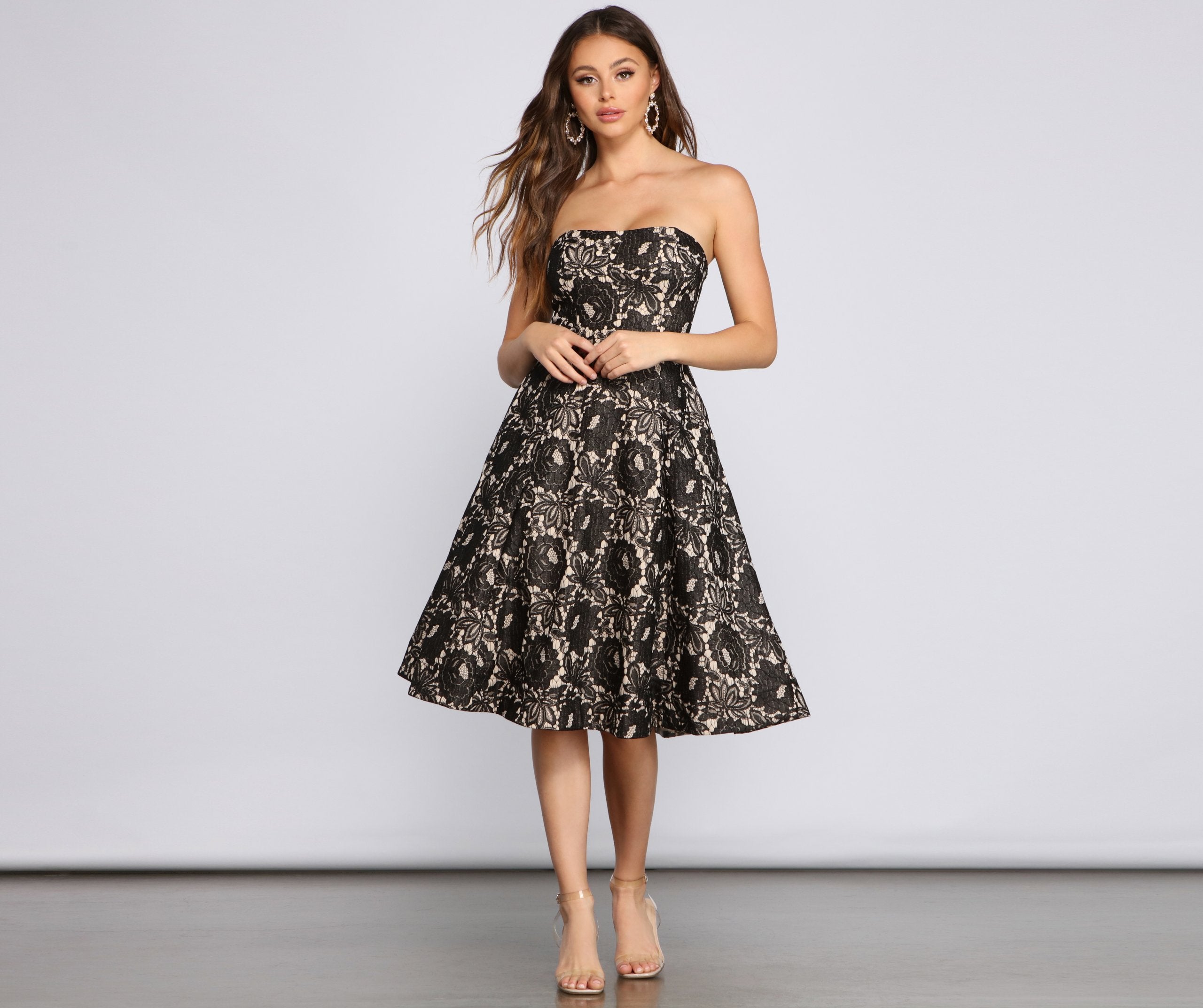 Floral Lace Strapless Fit and Flare Midi Dress