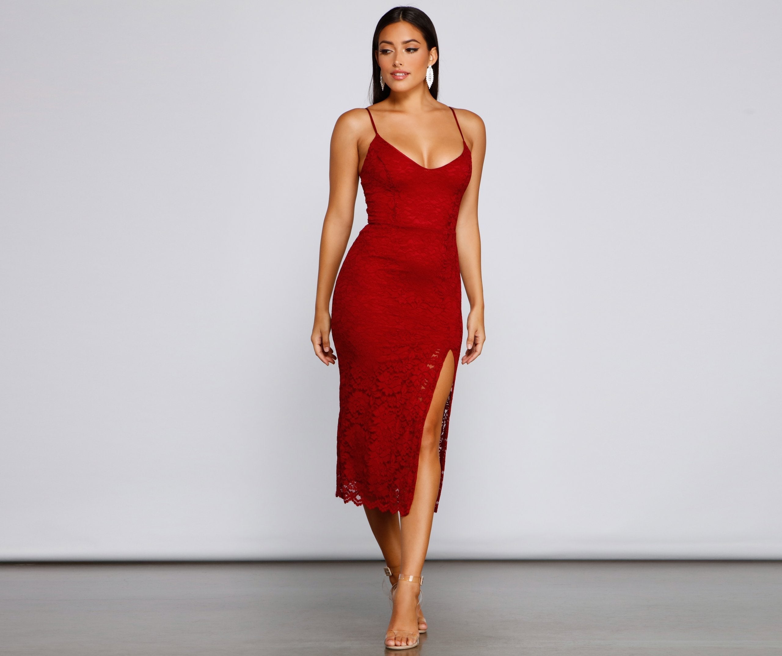 Lace V-Neck Spaghetti Strap High Split Slip Midi Dress