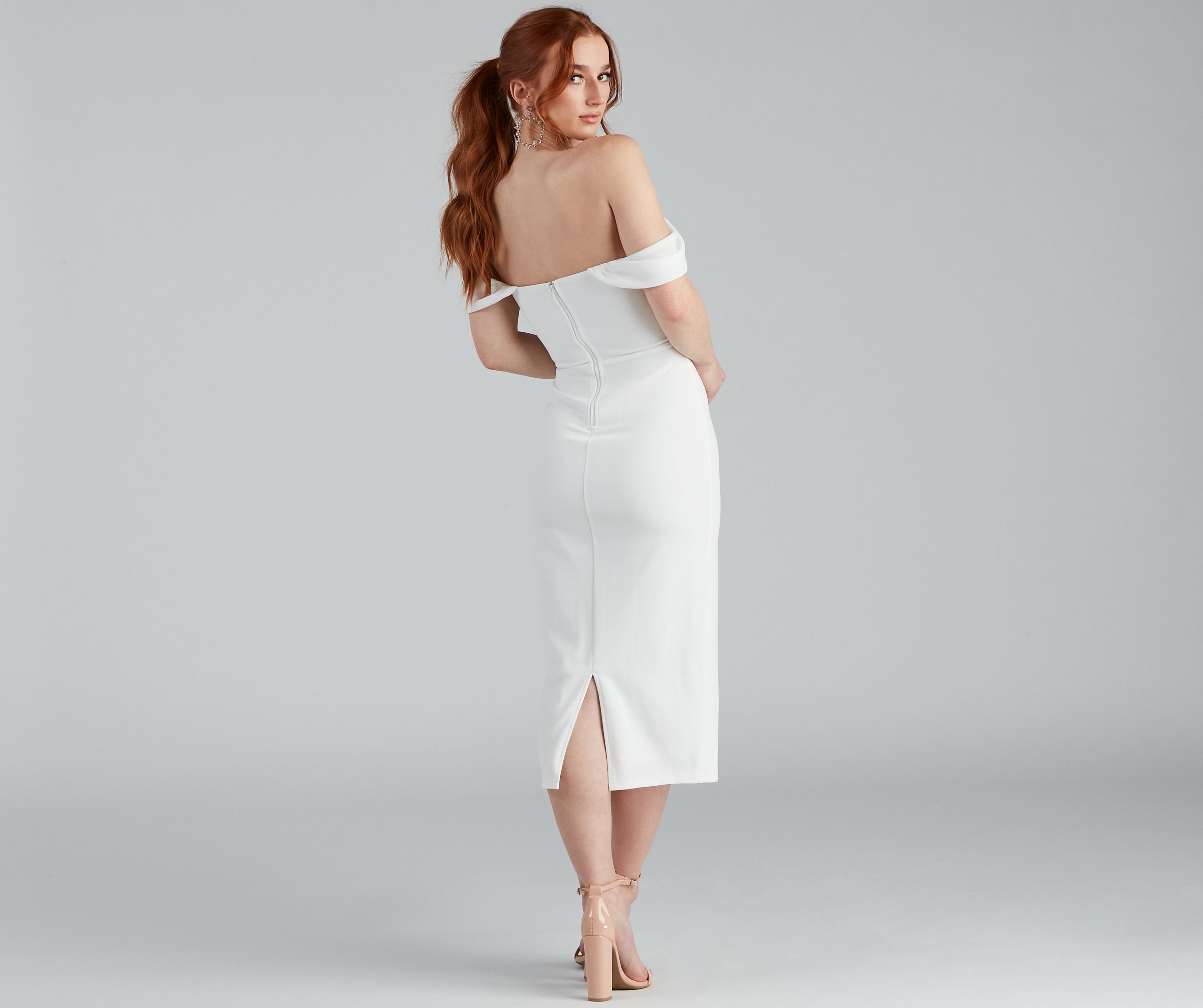 Off Shoulder Corset Crepe Bodycon Midi Dress