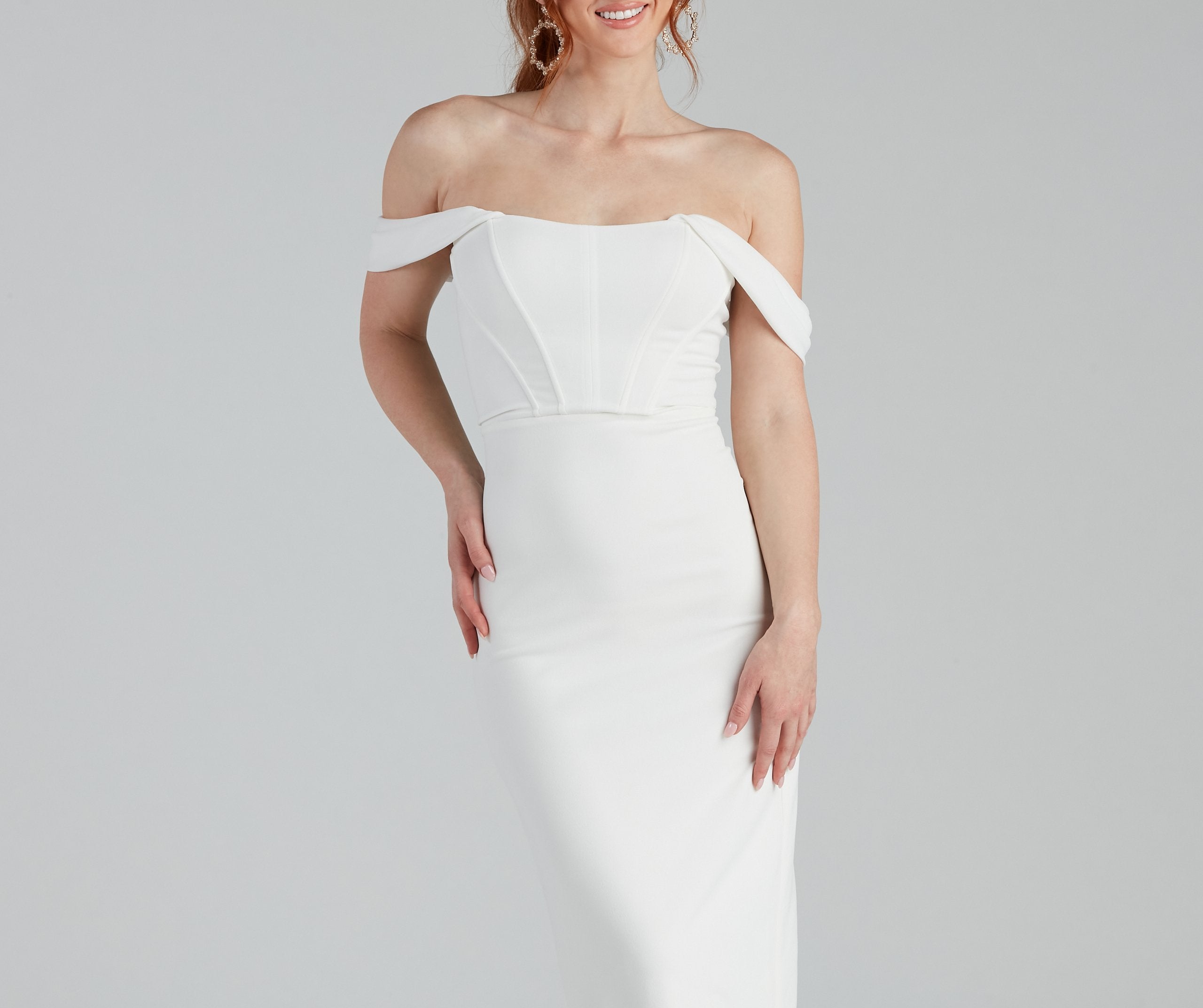 Off Shoulder Corset Crepe Bodycon Midi Dress