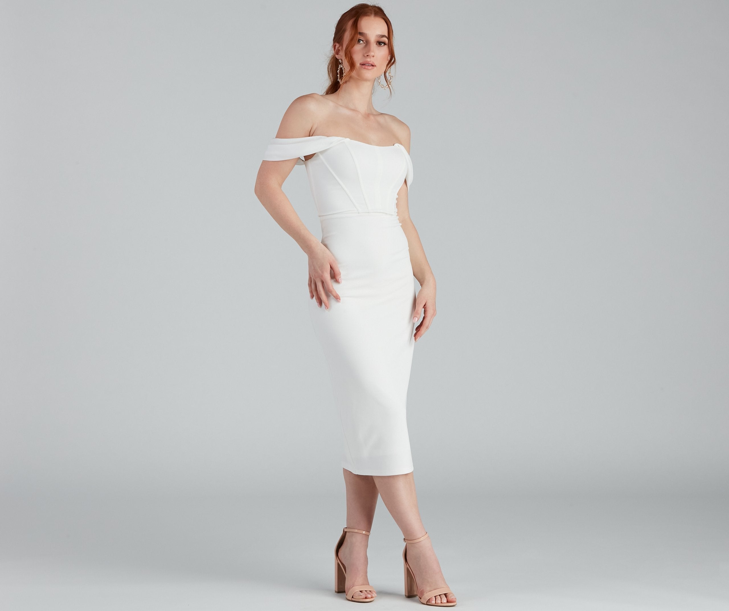 Off Shoulder Corset Crepe Bodycon Midi Dress
