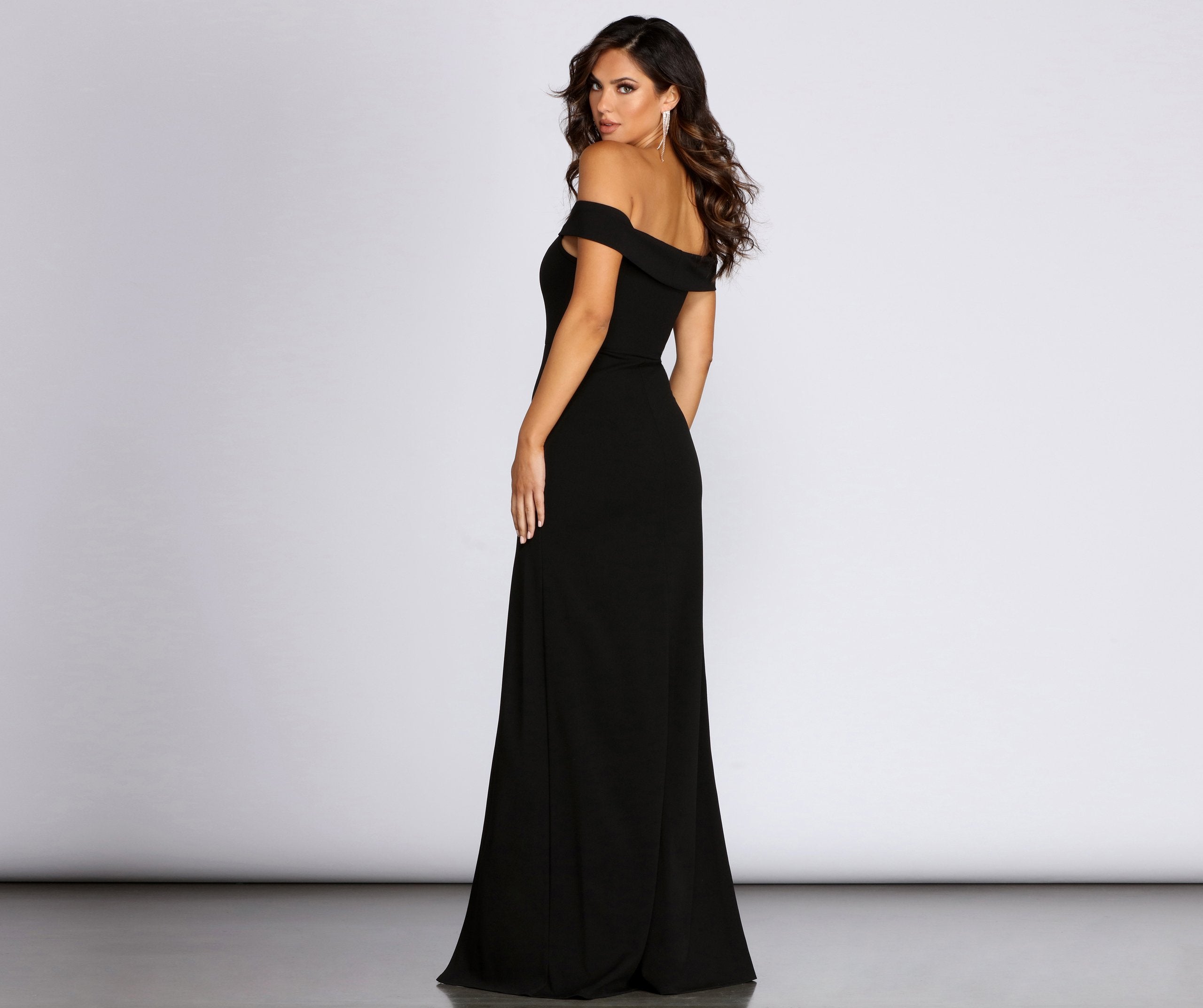Off Shoulder High Split Crepe Column Maxi Gown