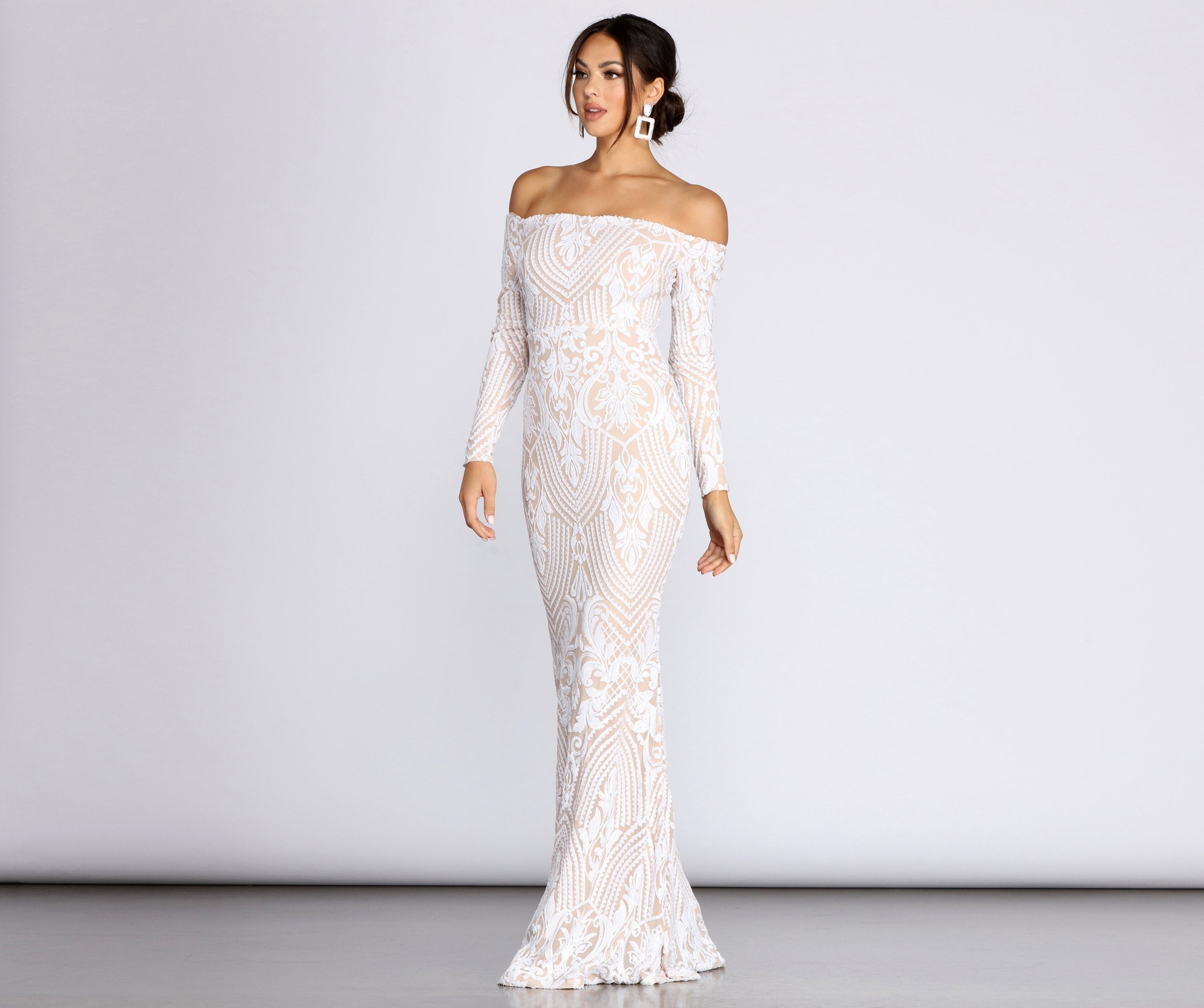 Sequin Off Shoulder Long Sleeve Mermaid Maxi Gown