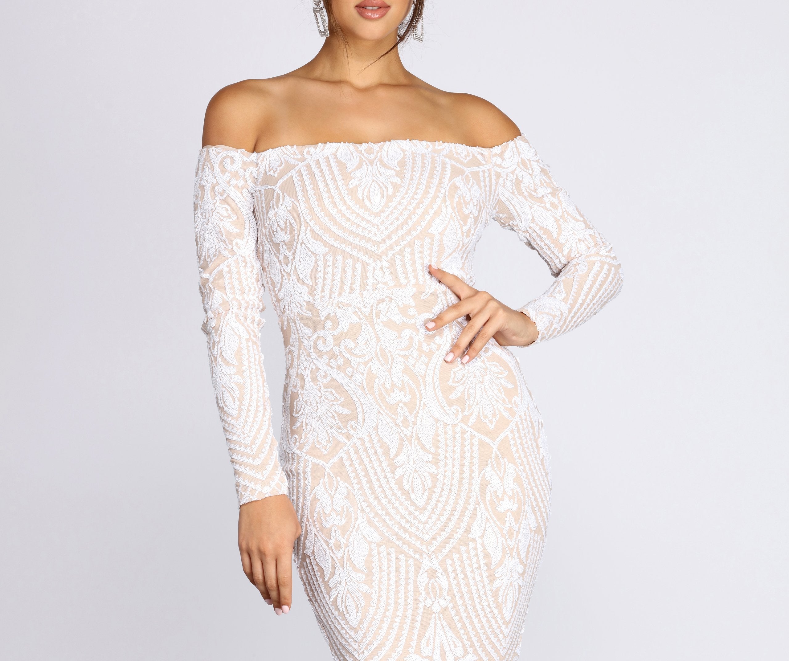 Sequin Off Shoulder Long Sleeve Mermaid Maxi Gown