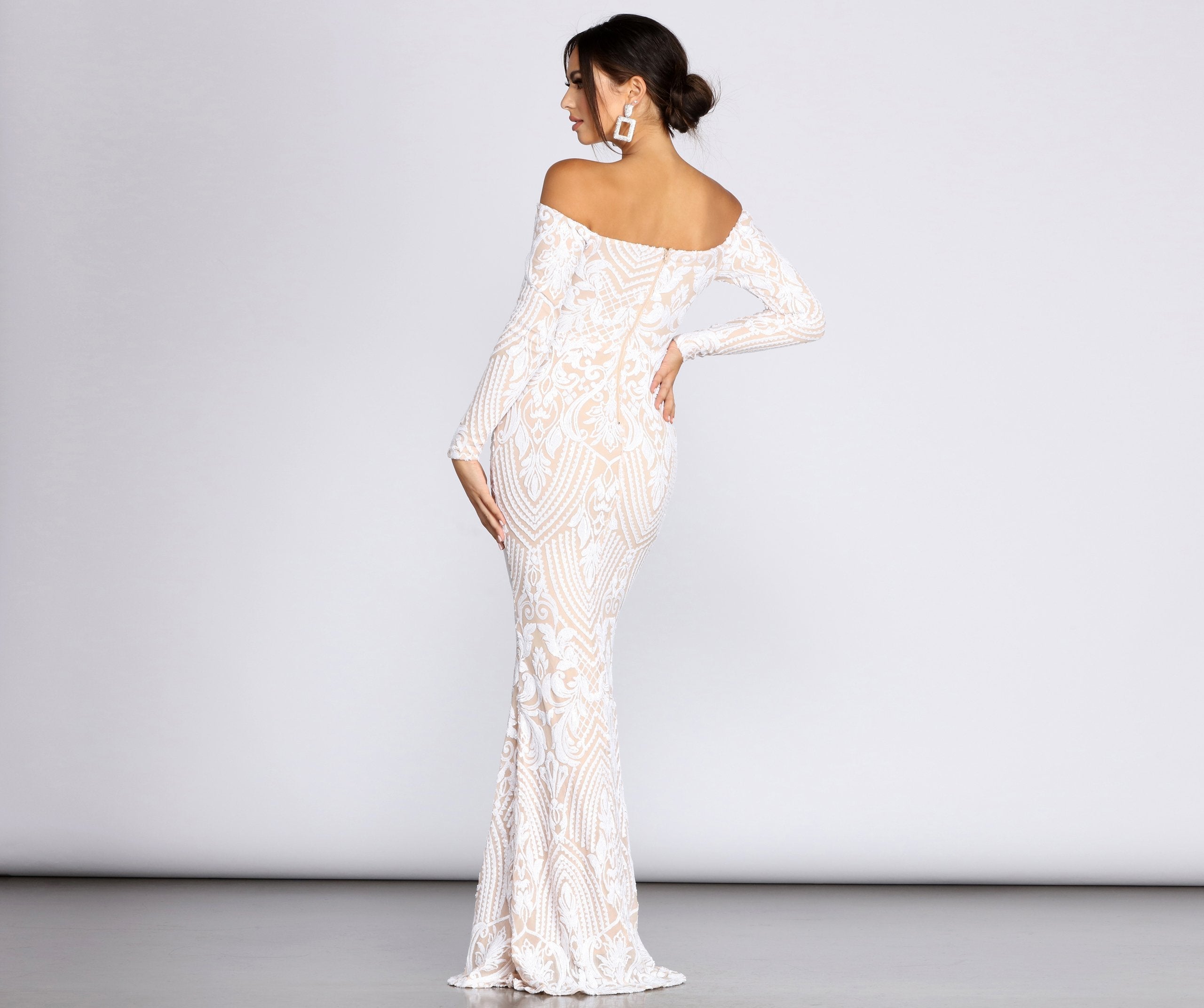 Sequin Off Shoulder Long Sleeve Mermaid Maxi Gown