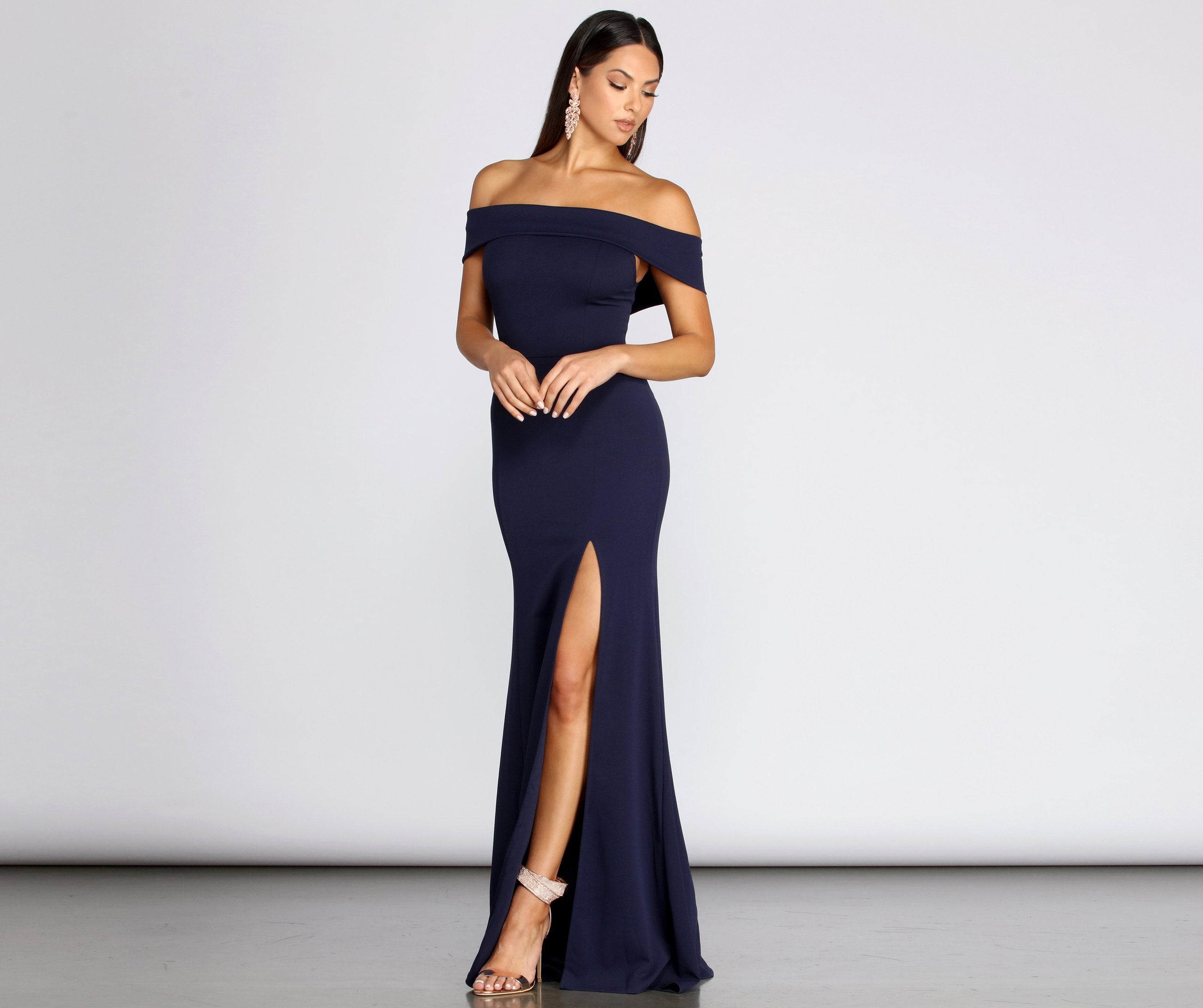 Off Shoulder High Split Crepe Mermaid Maxi Gown