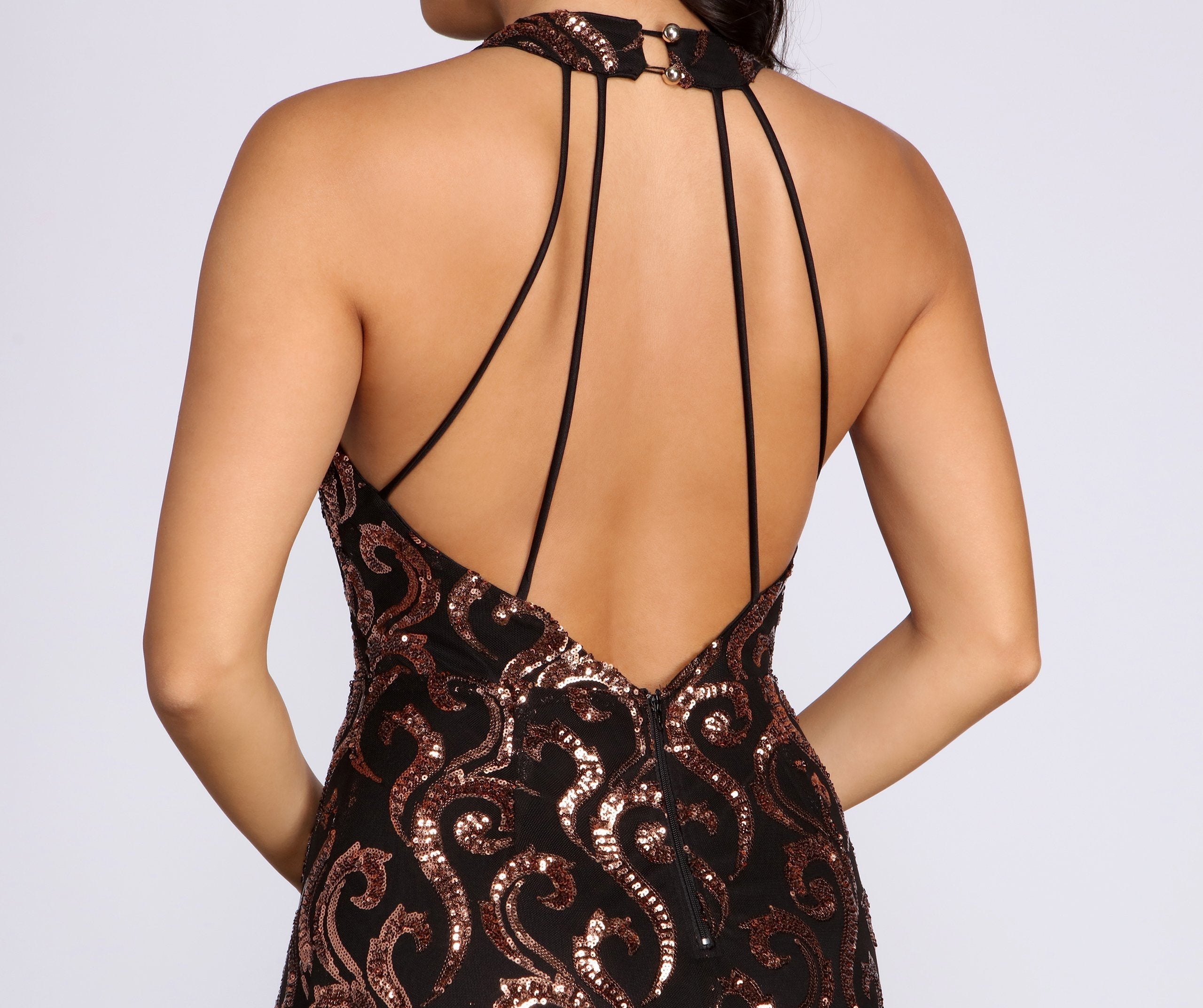 Sequin Strappy Open Back Mermaid Maxi Gown
