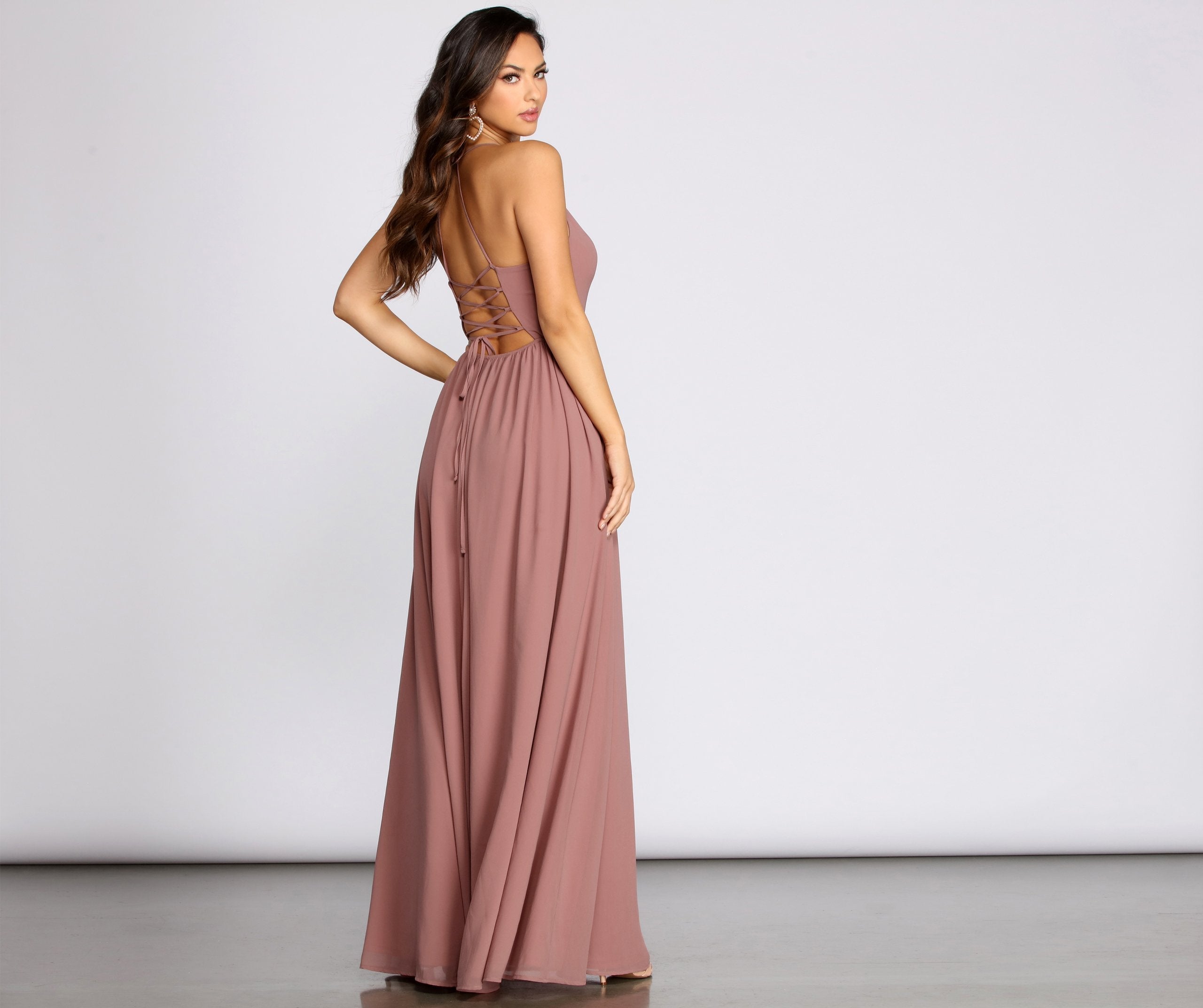 Chiffon V-Neck Lace Up Back High Split A-Line Maxi Gown
